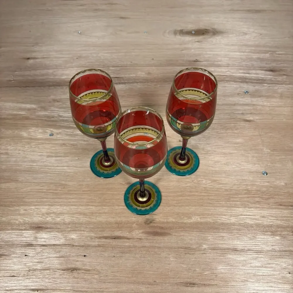 Pier 1 Festive Stripe Red Gold Purple Green Bands Stem Wine Glass Gold‎ Set Of 3